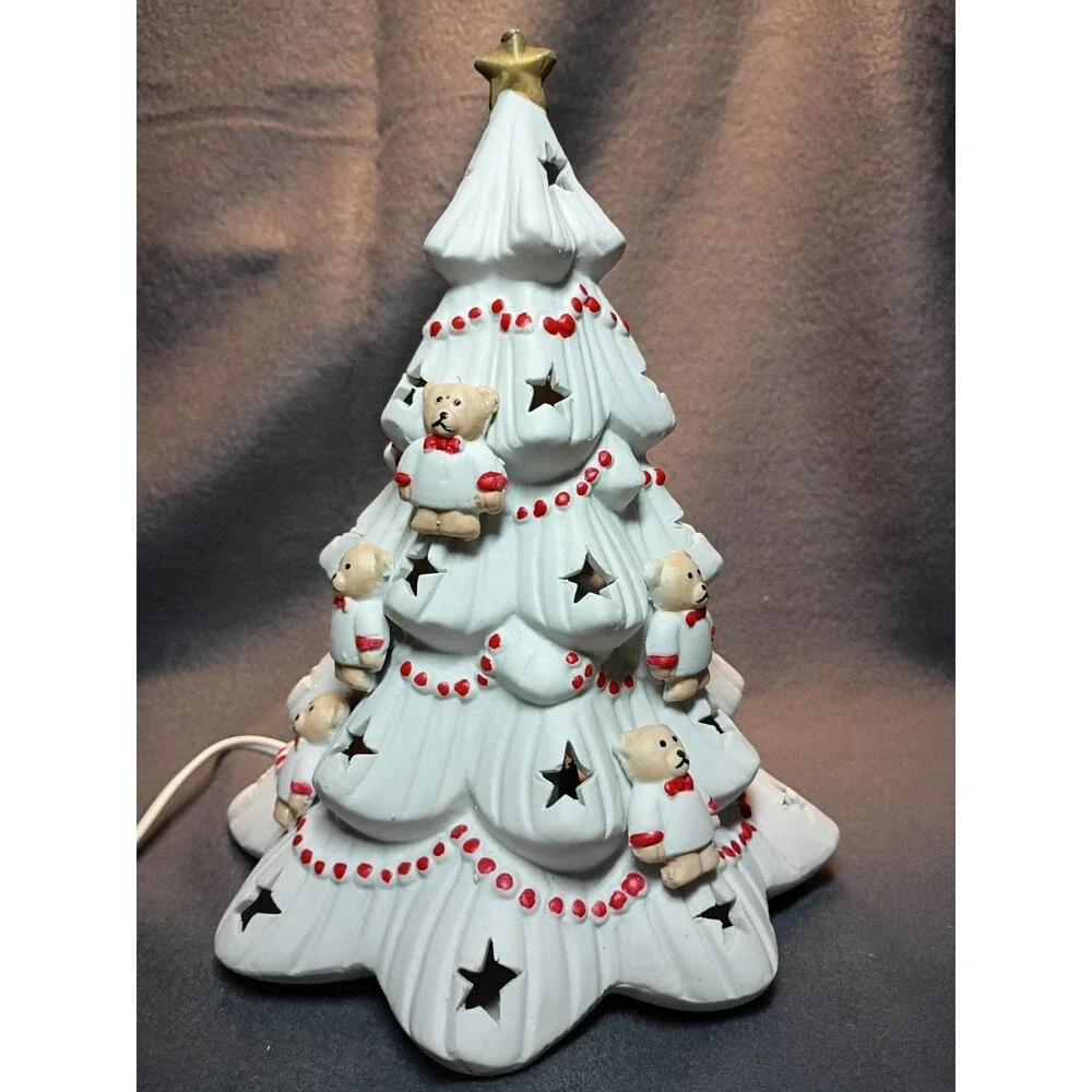 Vintage White Porcelain Lighted Christmas Tree Teddy Bears 9